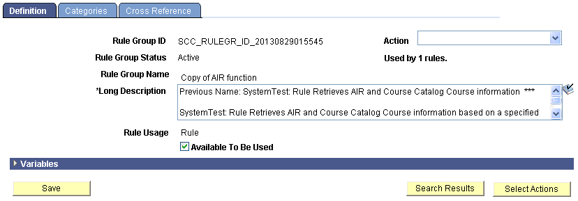 Rule Group Search Results and Select Action Options Example