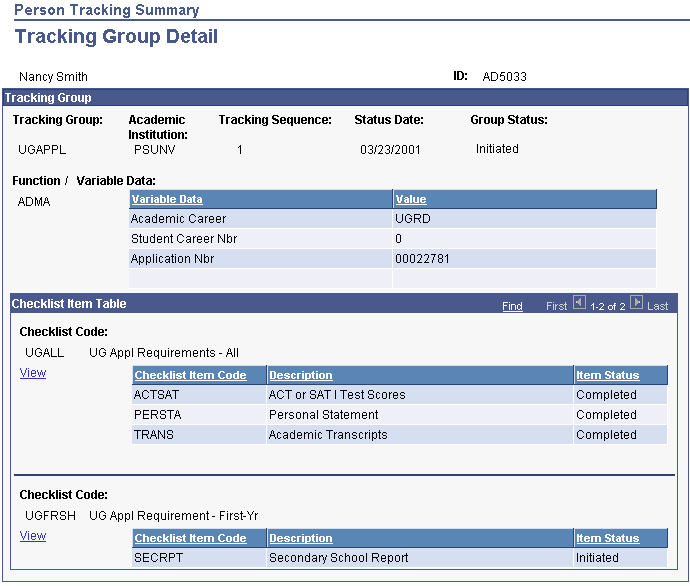 Tracking Group Detail page