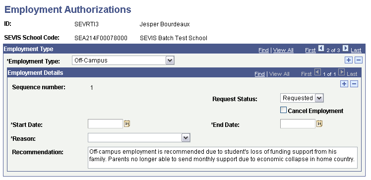 Employment Authorizations (Off-Campus Employment Type) page