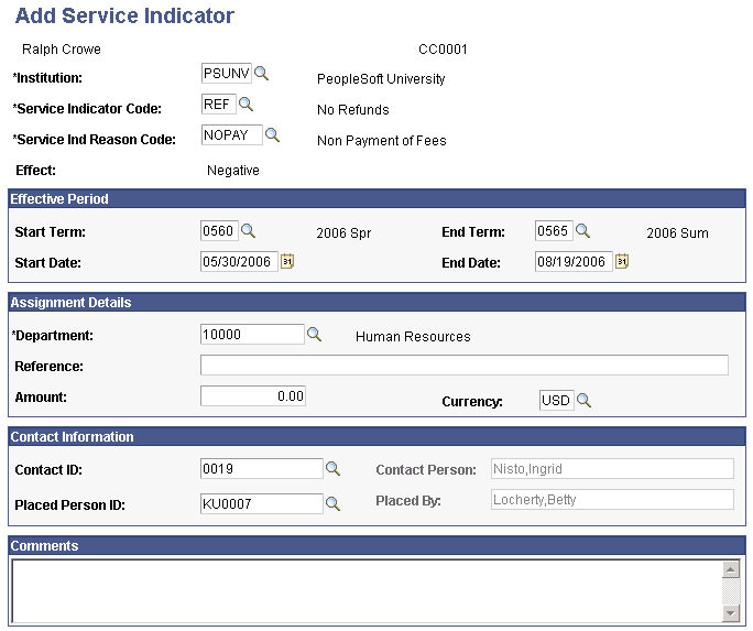 Add Service Indicator page (1 of 2)