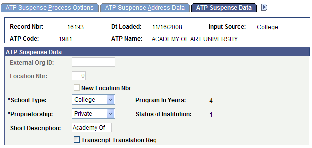 ATP (American Testing Program) Suspense Data page