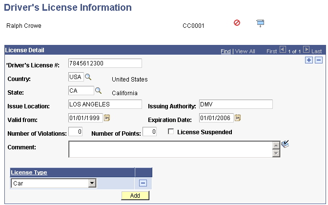Driver's License Information page