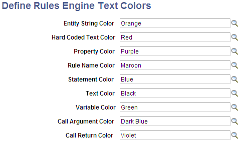 Define Rules Engine Text Colors page