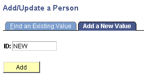 Example of the Add/Update a Person, Add a New Value page where you enter "NEW" to add a person