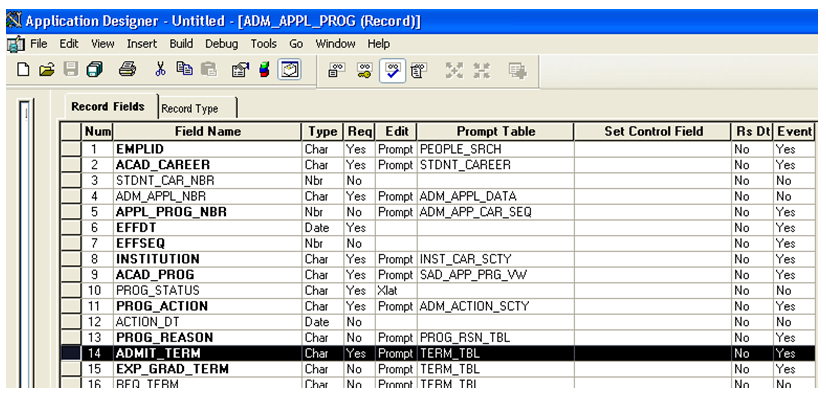 Application Designer showing the prompt table associated with a field