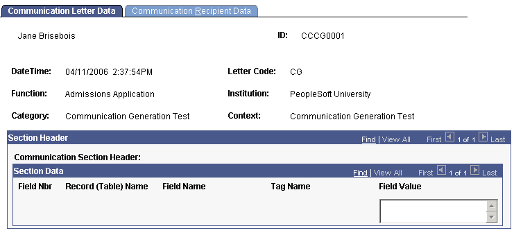 Communication Letter Data page