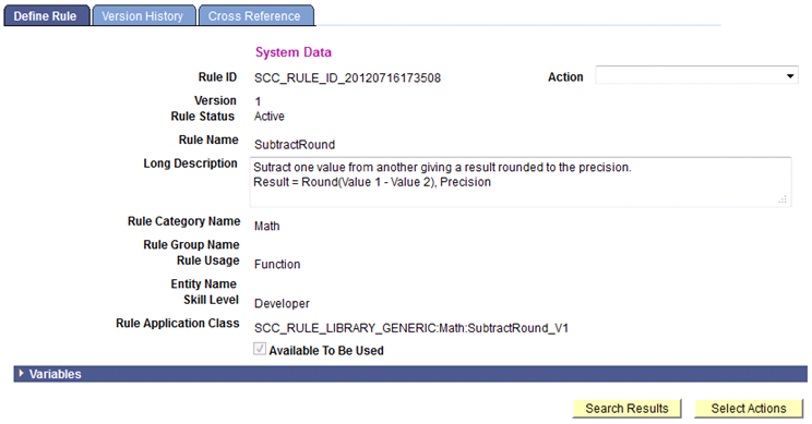 Rule Search Results and Select Action Options Example