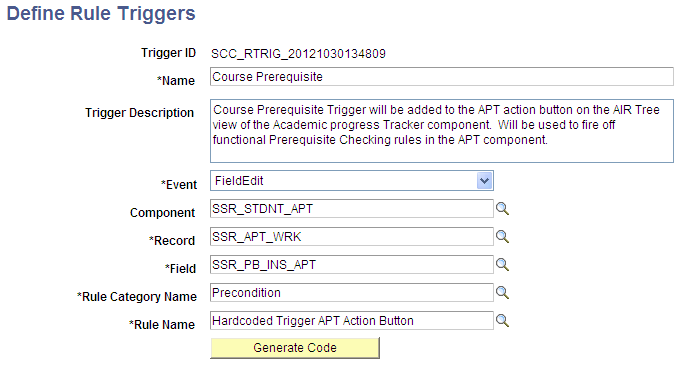 Define Rule Triggers page