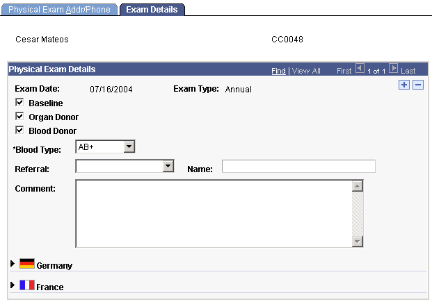 Exam Details page for physical exams