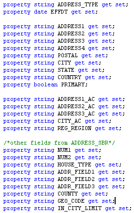 Examples of properties listed inside the SCC_SL_TRANSACTION:INTFC.Address application class