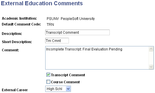 External Education Comments page