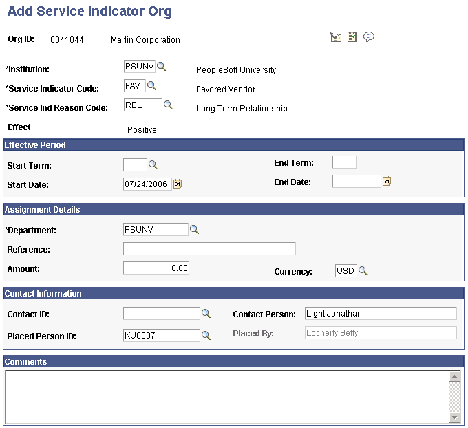 Add Service Indicator Org page (1 of 2)