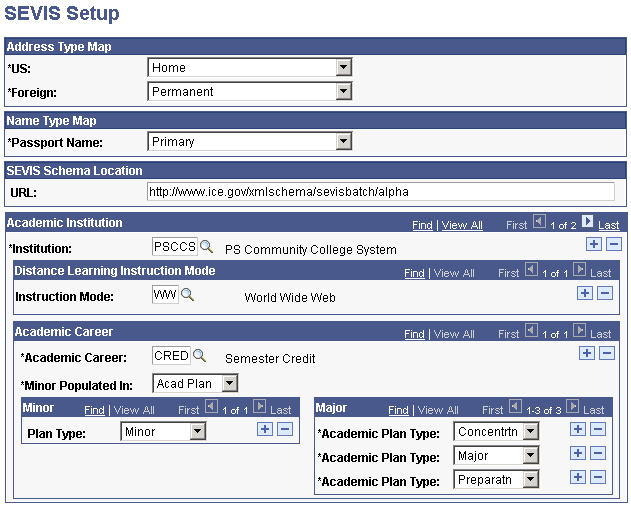 SEVIS (Student and Exchange Visitor Information System) Setup page