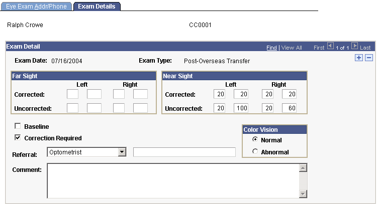 Exam Details page for eye exams