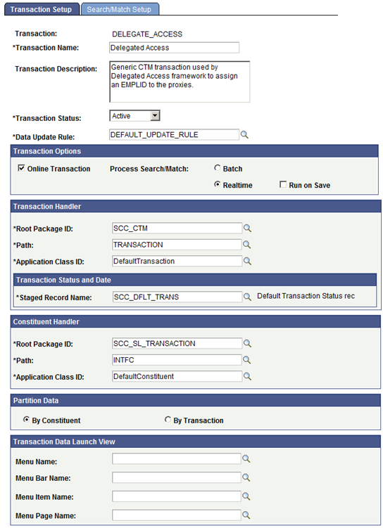 Sample Transaction Setup Page for Delegated Access