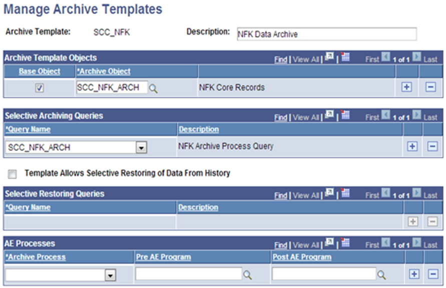 Manage Archive Templates page for NFK Objects