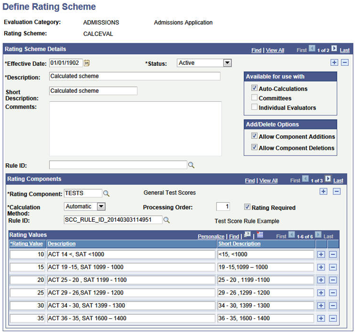 Define Rating Scheme page (1 of 2): Rules Engine integration example