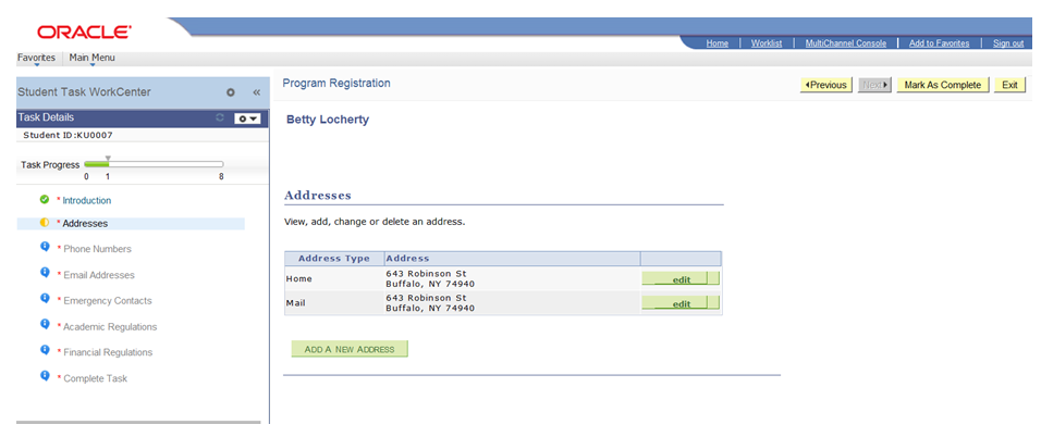 Example of the delivered Student Task WorkCenter page