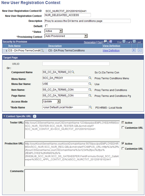 Example: New User Registration Context ID created for Delegated Access where the Production URL is Active