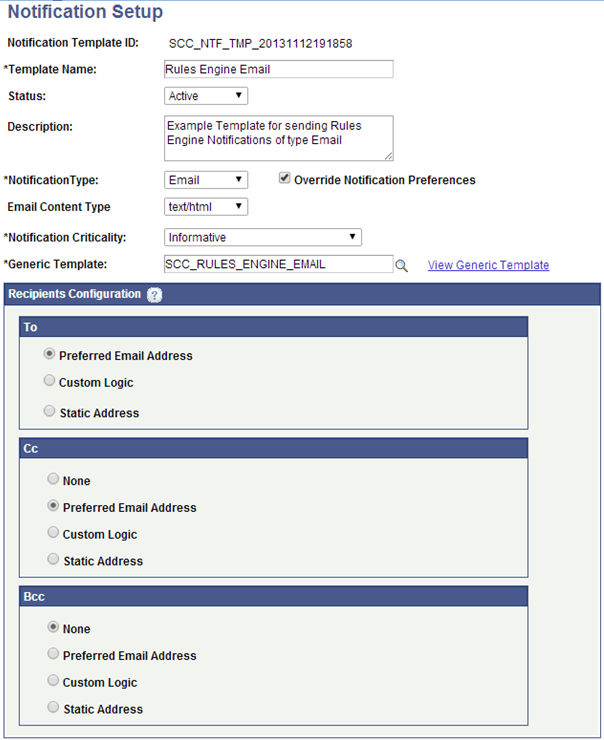 Notification Setup Page for Rules Engine Example