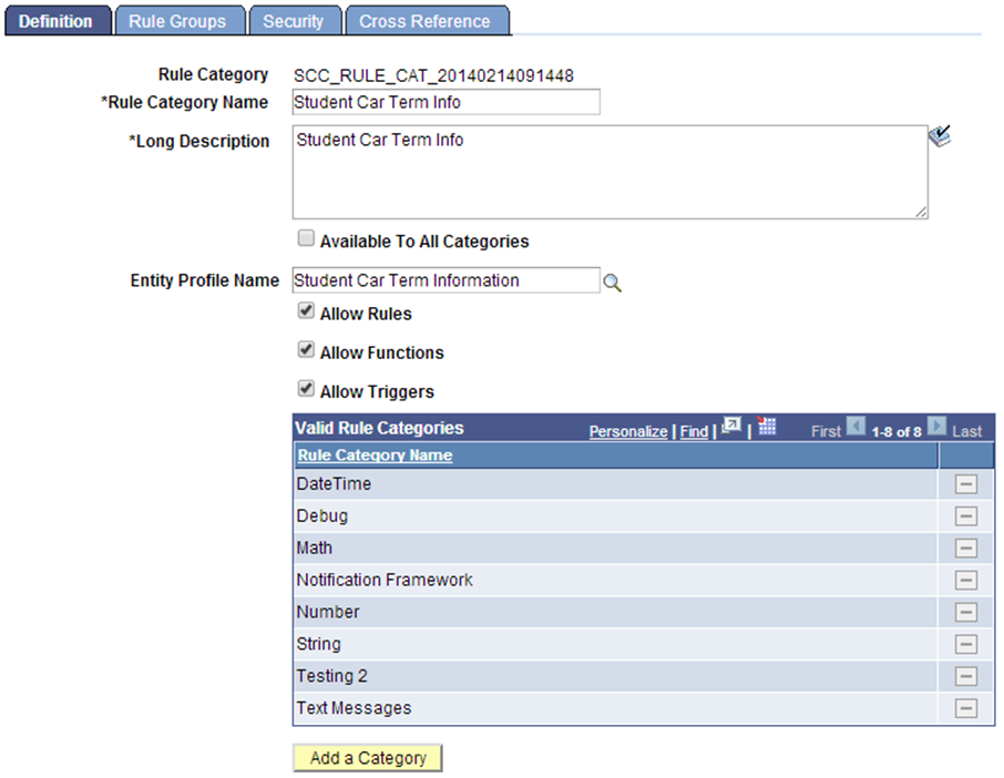 Define Categories page for Rules Engine User Interface Integration Example