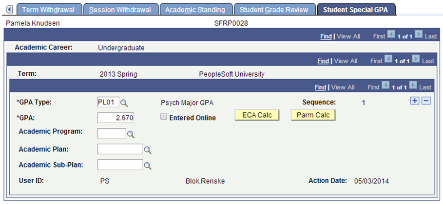 Student Special GPA (grade point average) page after Customization for Rule Engine User Interface Example