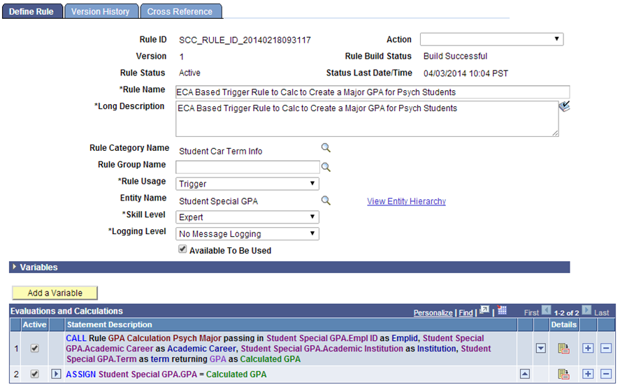 Define Rule page for Creating Method A Trigger for Rules Engine User Interface Integration Example