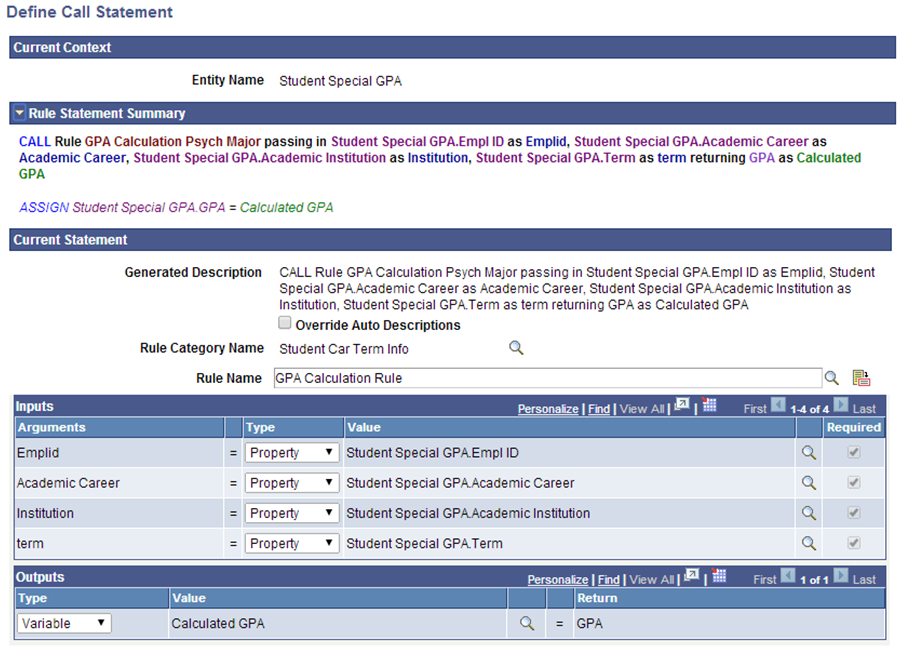 Define Call Statement page for Creating Method A Trigger for Rules Engine User Interface Integration Example