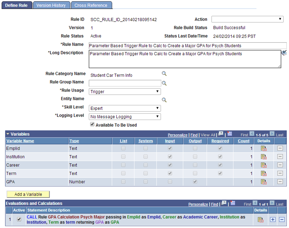 Define Rule page for Creating Method B Trigger for Rules Engine User Interface Integration Example