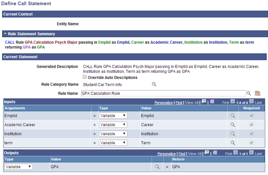 Define Call Statement page for Creating Method B Trigger for Rules Engine User Interface Integration Example