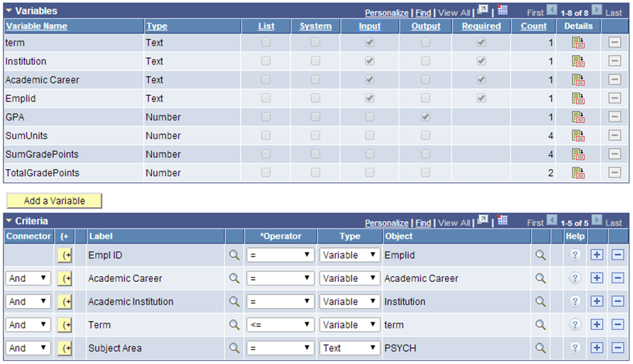 Variables and Criteria for Define Rule Page for Functional Rule for Rules Engine User Interface Example