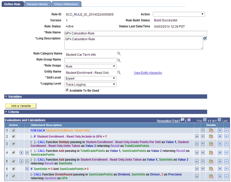 Define Rule page for Functional Rule for Rules Engine User Interface Example
