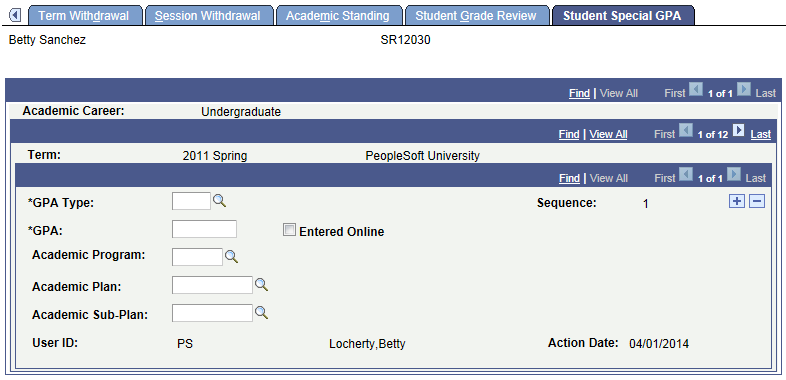 Student Special GPA (grade point average) page before Customization for Rule Engine User Interface Example
