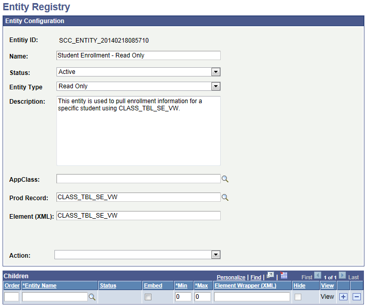 Entity Registry page for Student Enrollment - Read Only for Rules Engine User Interface Example