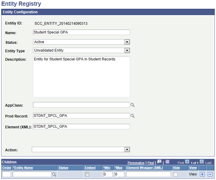 Entity Registry page for Student Special GPA (grade point average) for Rules Engine User Interface Example
