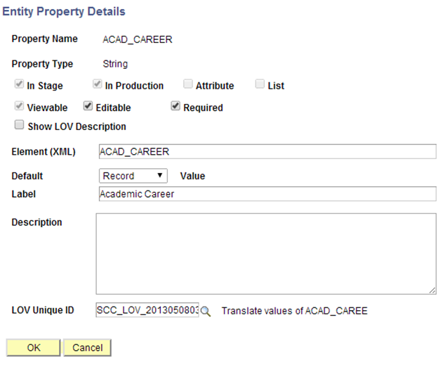 Entity Property Details Window for Example of Define Rule Page Using a LOV From Field Record Prompts