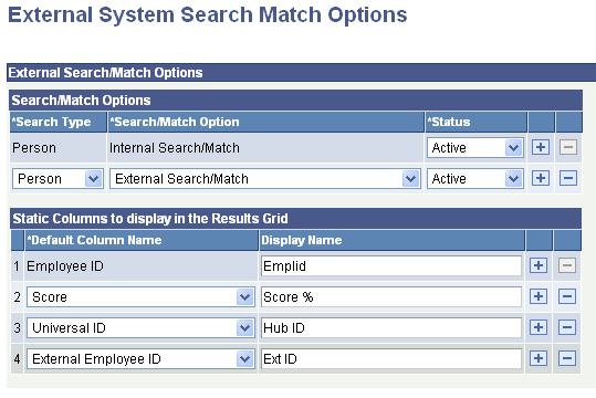 External System Search Match Options page