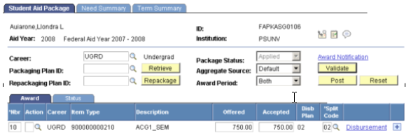 Student Aid Package page: Award tab