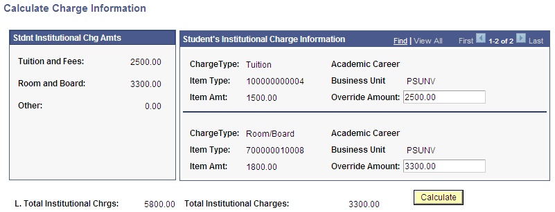 Calculate Charge Information page