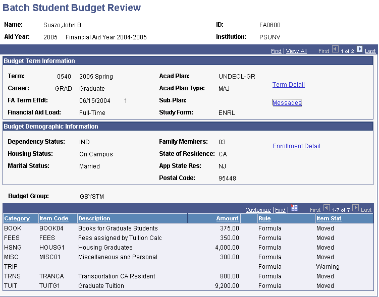 Batch Student Budget Review page