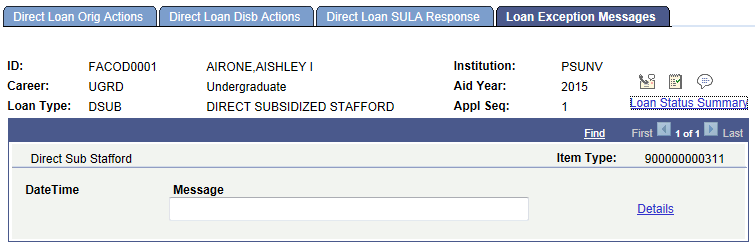Loan Exception Messages page