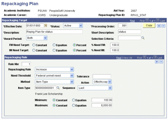 Example of the Repackaging Plan page (Increase rule)