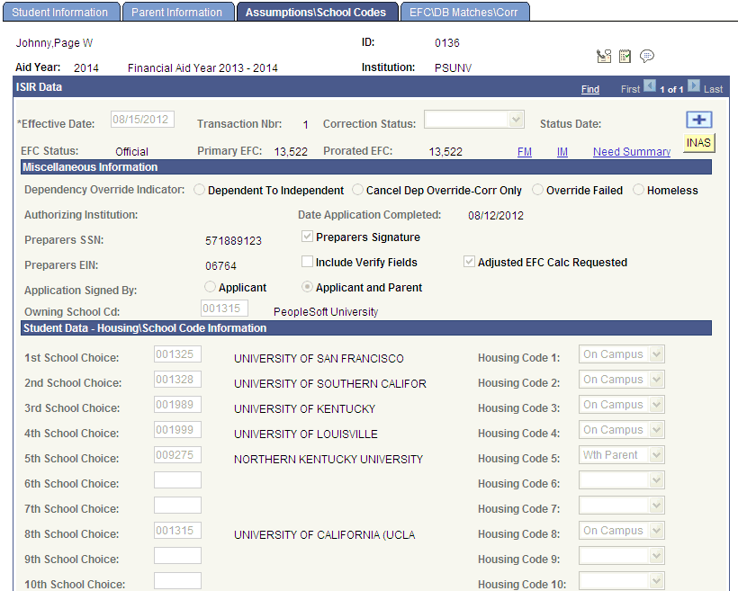 FAFSA (Free Application for Federal Student Aid) Assumptions\School Codes page (1 of 3)