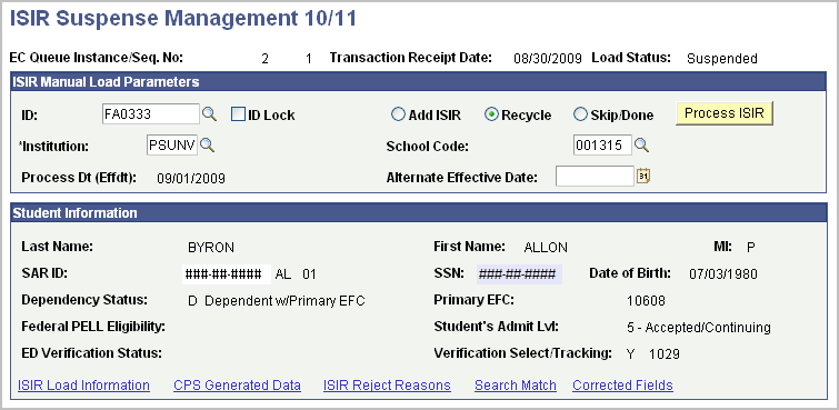 ISIR (Institutional Student Information Record) Suspense Management nn/nn page