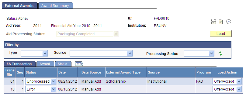 External Awards page, EA (external awards) Transaction tab