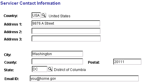 Servicer Contact Information page