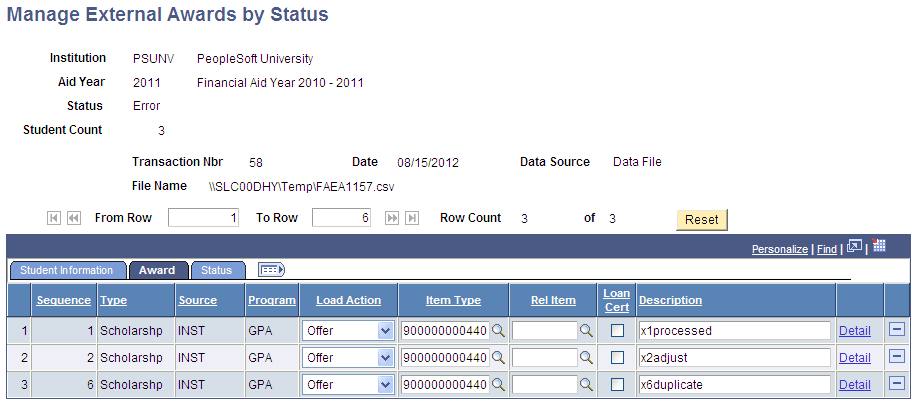 Manage External Award Data by Status page, Award tab