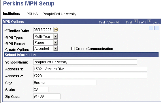 Perkins MPN (master promissory note) Setup page