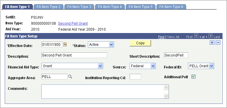 FA (financial aid) Item Type 1 page
