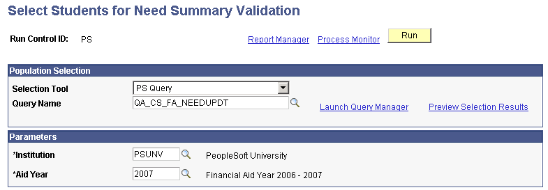 Select Students for Need Summary Validation page